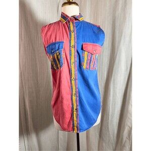 Bonjour Blouses Size S Women’s Vintage Colorful Button Down Sleeveless Cotton